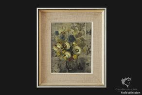 Arte: Flores en un jarrón de cristal. Renée Yolande Hauser (Swiss, 1919–2008). Óleo sobre tabla